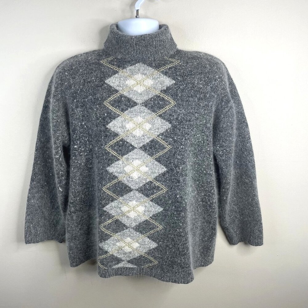 Vintage Silk Angora Argyle Sweater XLarge Old Money Neutral Cozy‎ Mock Neck